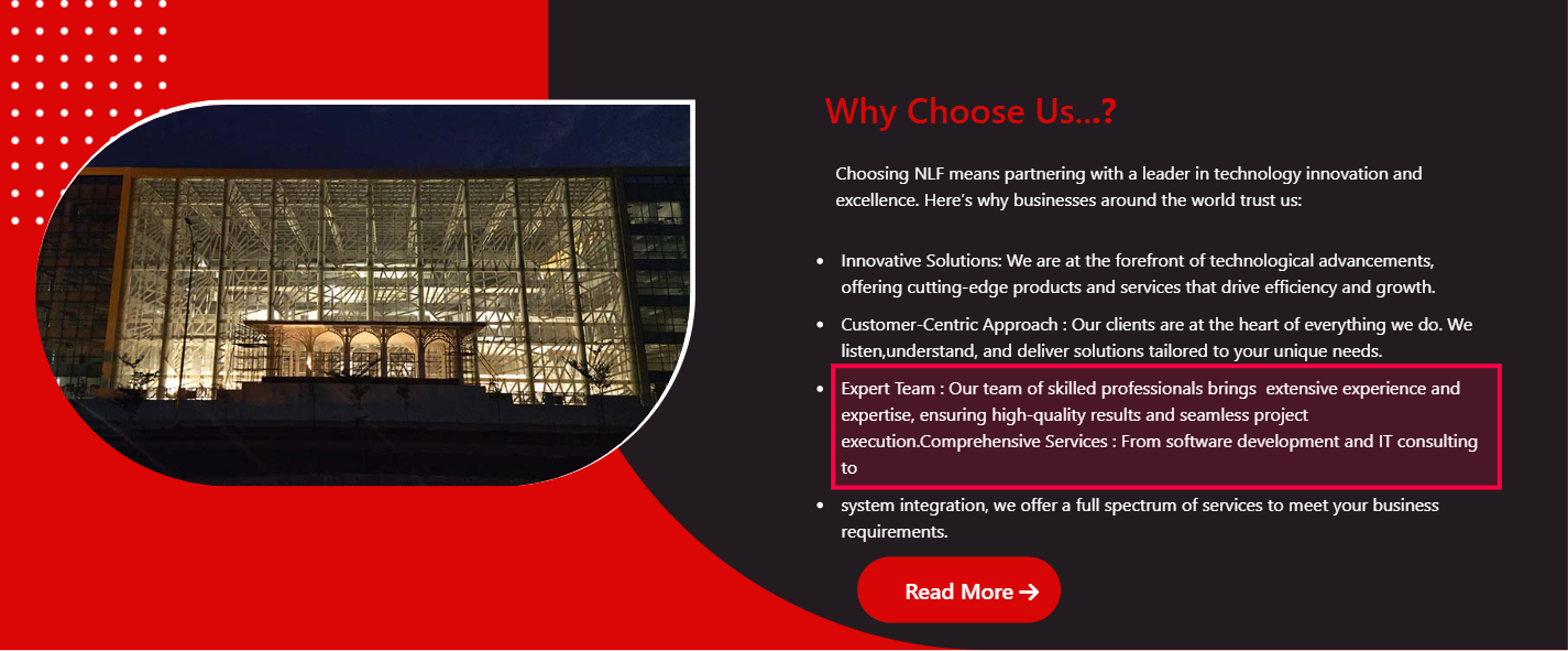 The NLF homepage Why Choose Us block containing a software development sentence